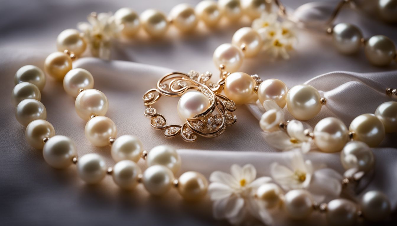A photo of a pearl necklace surrounded by delicate flowers and soft candlelight.