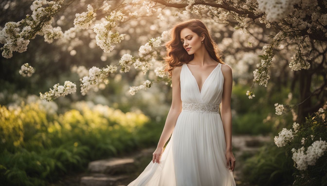 A serene, beautiful woman in a white dress surrounded by blooming flowers in a garden; various looks and outfits.