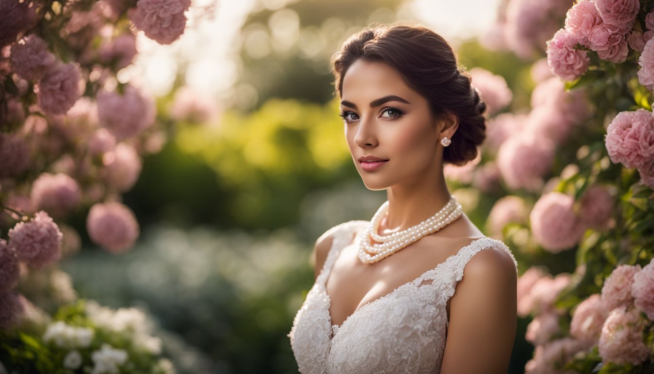 A woman wearing a pearl necklace posing in a garden with blooming flowers, showcasing different faces, hairstyles, and outfits.
