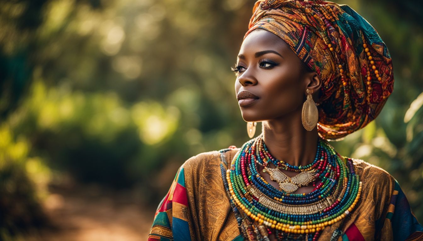 A woman in traditional African clothing is surrounded by nature, showcasing different faces, hairstyles, and outfits.