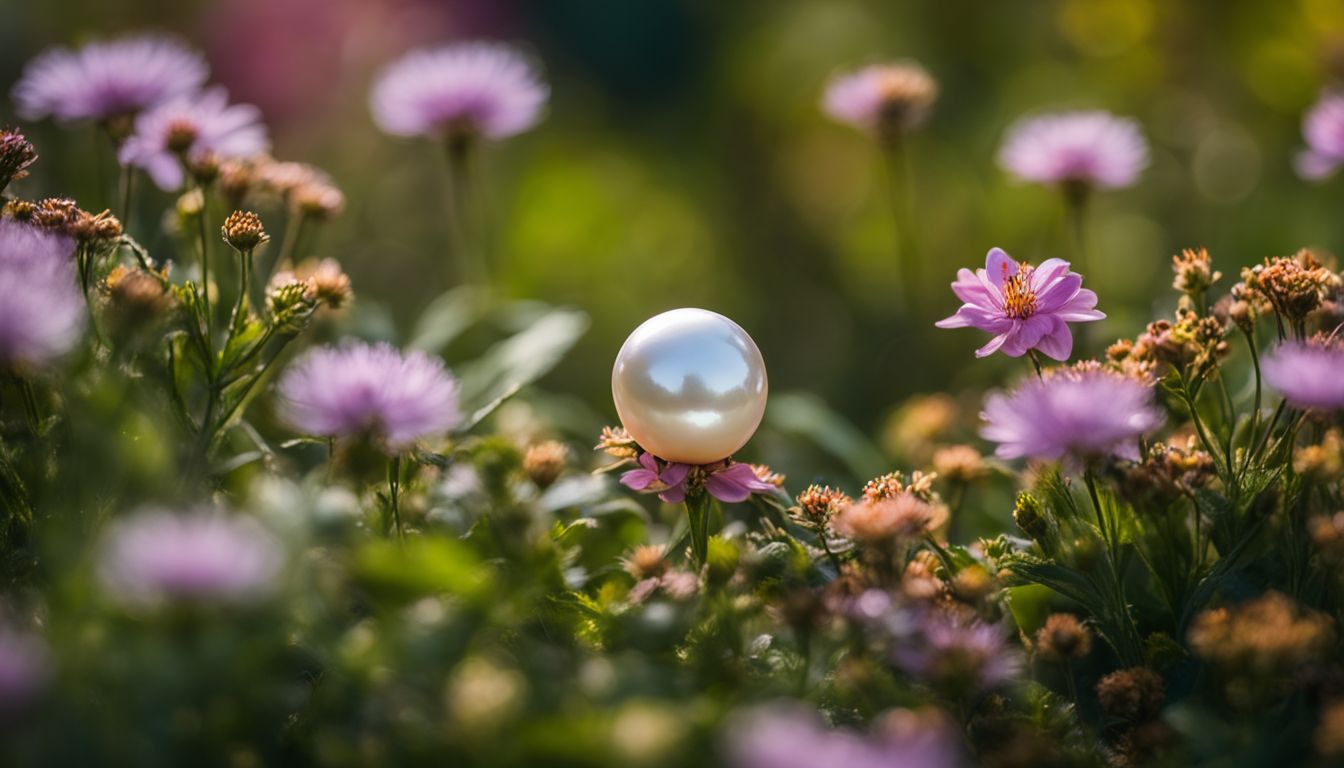 A serene garden with a pearl among flowers, featuring diverse individuals with different looks and outfits.