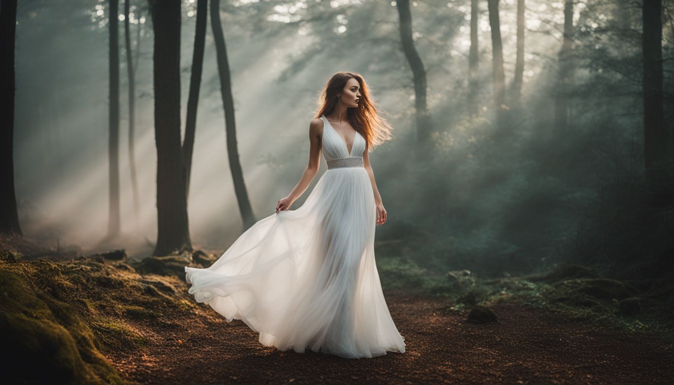 A woman in a white dress poses in a misty forest, showcasing different looks and outfits for nature photography.