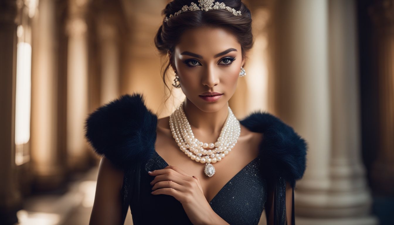 A model wearing a pearl necklace and elegant attire in a museum, showcasing different faces, hair styles, and outfits.