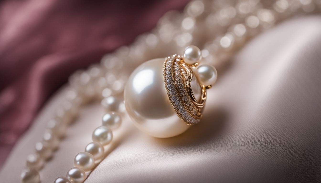 A photo featuring a single pearl necklace on a velvet cushion with a variety of people and styles.