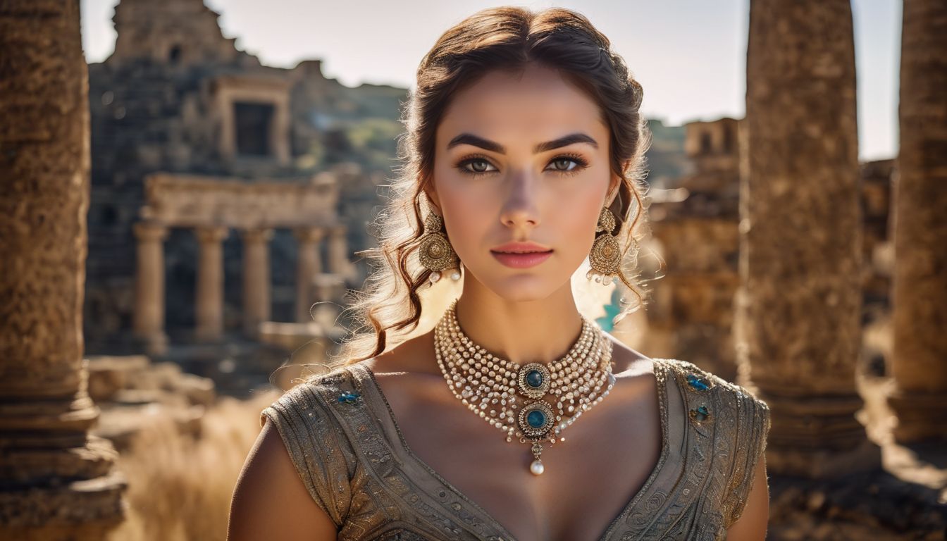 A Caucasian woman wearing a pearl necklace and earrings is pictured among ancient ruins, showcasing different faces, hair styles, and outfits.