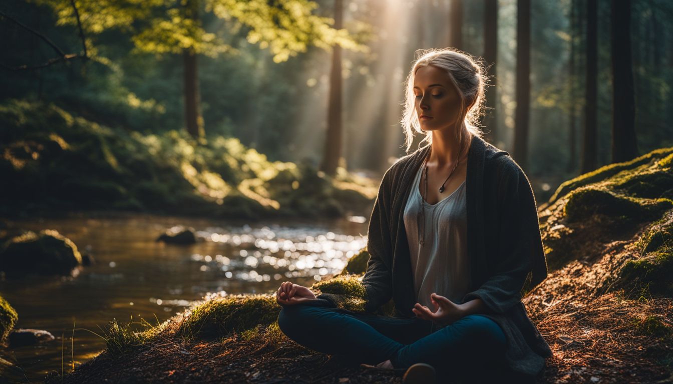 A Caucasian person meditates in a serene forest surrounded by nature's beauty, captured in a high-quality photograph.
