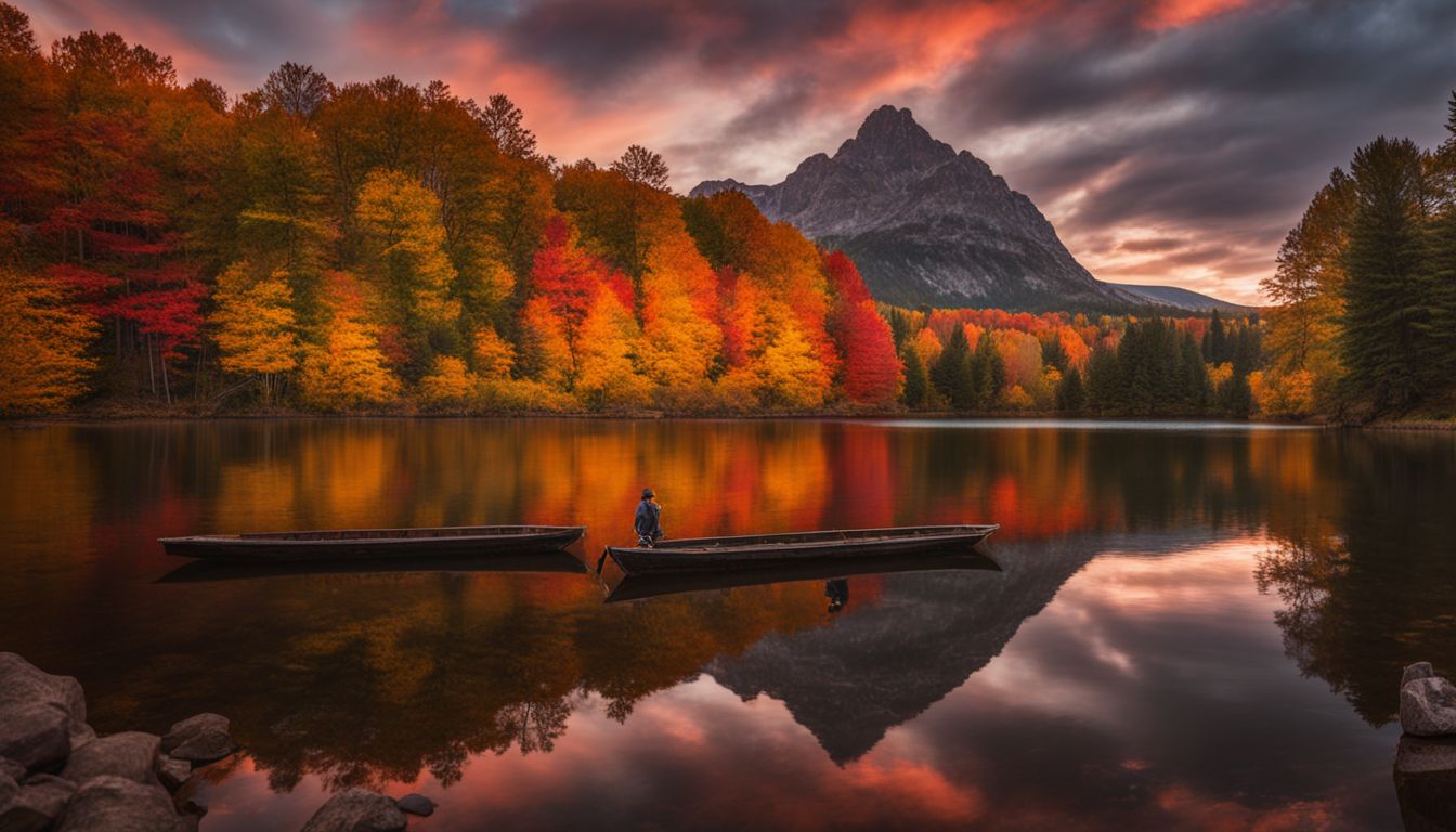 A serene sunset over a lake surrounded by fall foliage, with people of various appearances and outfits.