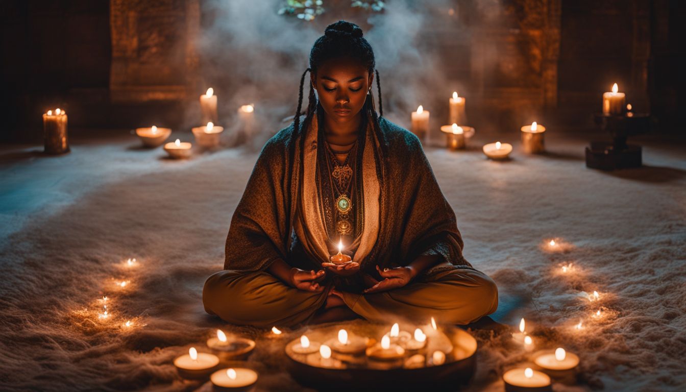 A person meditates with an opal on their third eye, surrounded by candles and incense in a highly detailed spiritual photography.