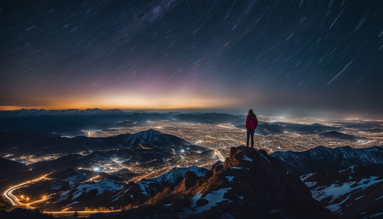 A person standing on a mountain peak gazes up at a starry night sky.