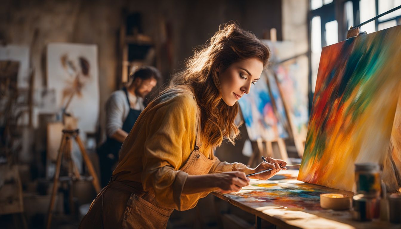 A portrait painter creates vibrant masterpieces featuring detailed faces, hairstyles, and outfits in a sunlit studio.