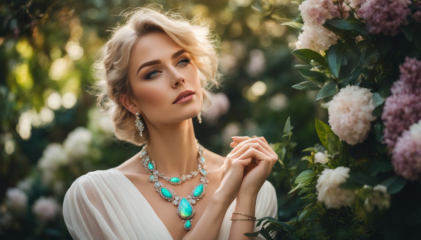 A Caucasian woman wearing a stunning opal necklace stands in a lush garden surrounded by different faces, hair styles, and outfits.