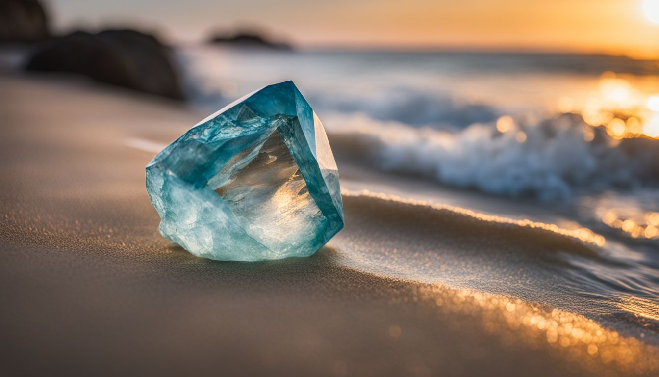 A photo of an aquamarine gemstone surrounded by ocean waves on a sandy beach, featuring various people with different hairstyles and outfits.