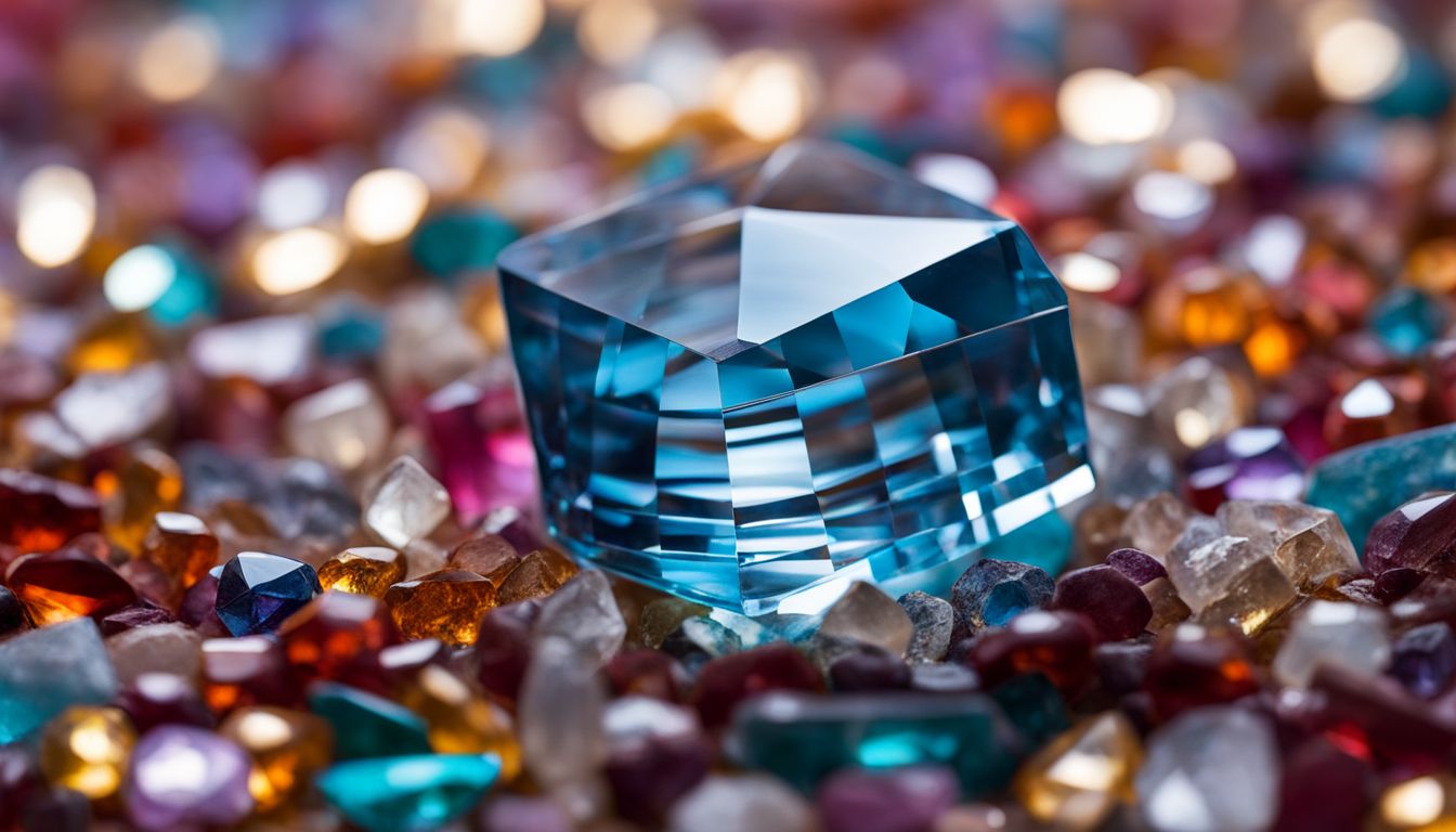 A photo of a sparkling aquamarine crystal surrounded by colorful gemstones, featuring different people with various looks and styles.