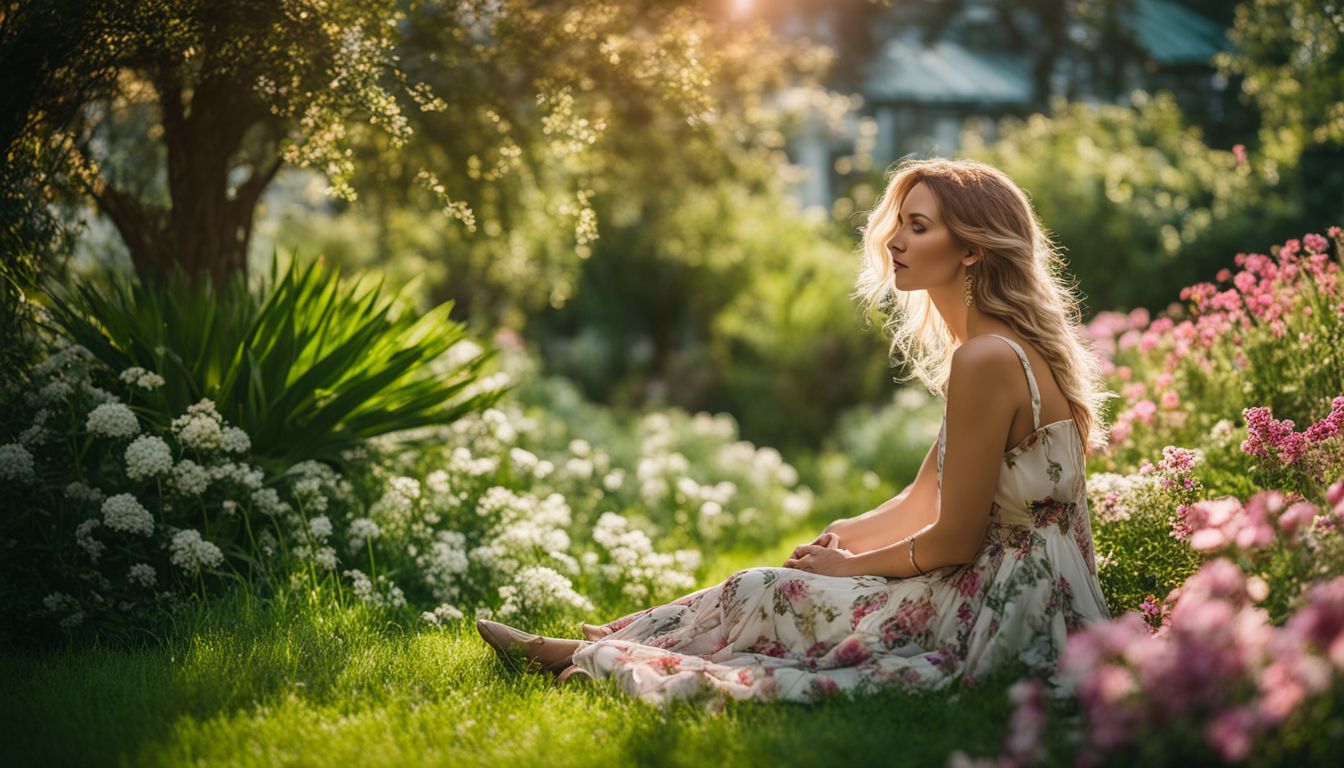 A woman sitting peacefully in a garden surrounded by blooming flowers, showcasing different ethnicities, hairstyles, and outfits.