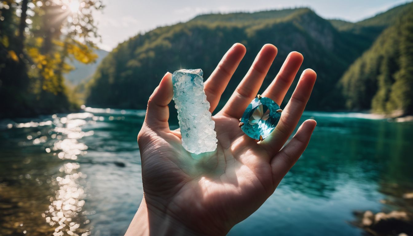 A Caucasian person holding a sparkling aquamarine gemstone against a backdrop of flowing water in a nature setting.