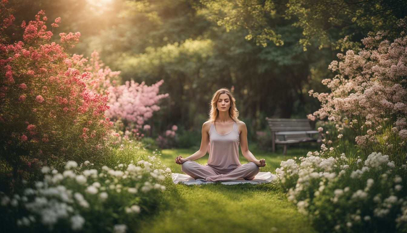 A Caucasian woman meditating in a beautiful garden surrounded by blooming flowers, captured in high-quality photography.