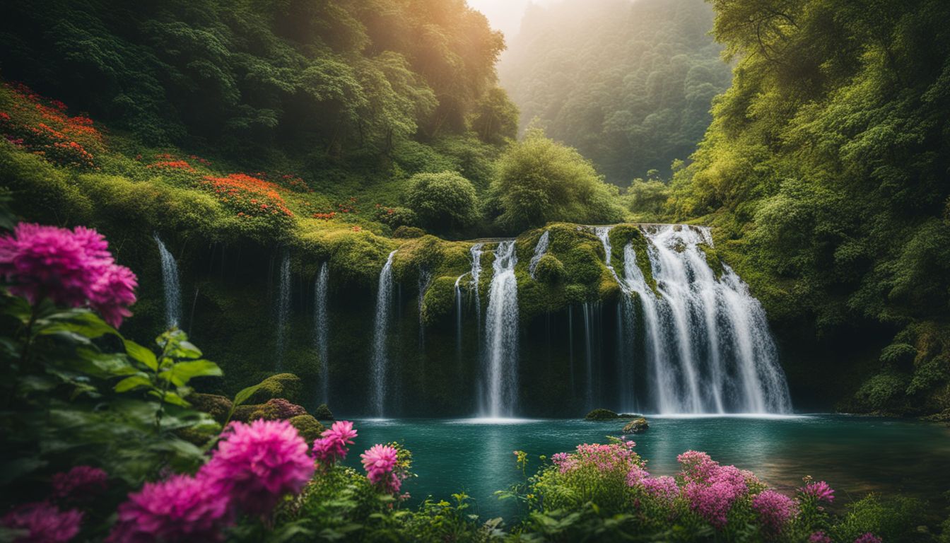 A beautiful waterfall surrounded by vibrant flowers and greenery photographed in high resolution.