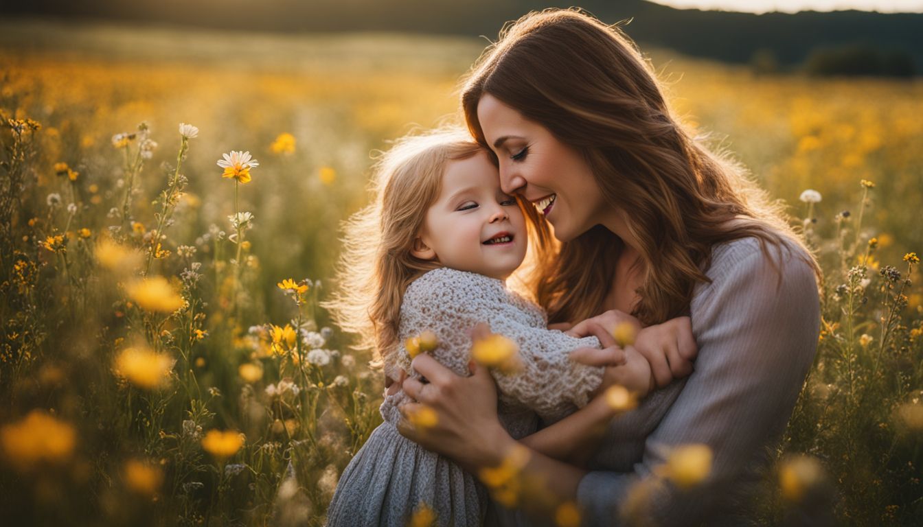 A photo of a mother and child embracing in a field of wildflowers with highly detailed features and different looks.