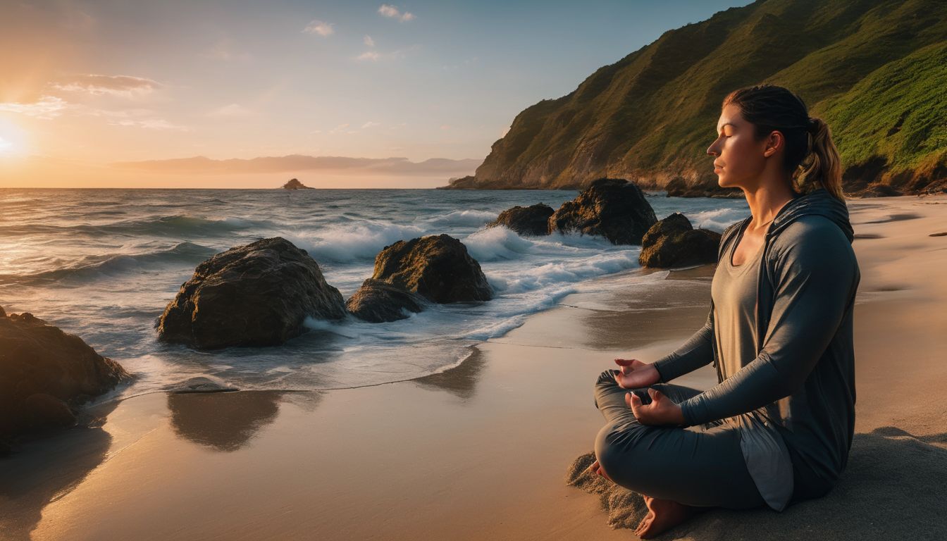 A person meditating on a beach at sunset surrounded by a serene ocean landscape.