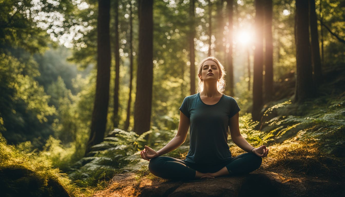 A person meditates in a peaceful forest, surrounded by nature, with various ethnicities, hairstyles, and outfits.