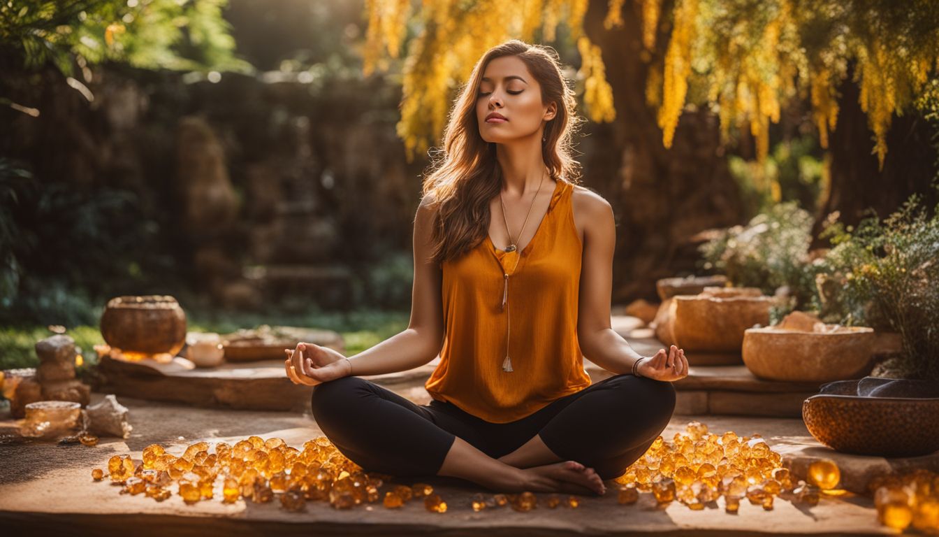 A woman meditates in a garden surrounded by citrine crystals, while various aspects of nature are captured in stunning photography.