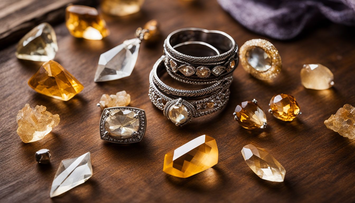 A collection of citrine crystals and jewelry displayed on a wooden surface, with different models showcasing various looks.