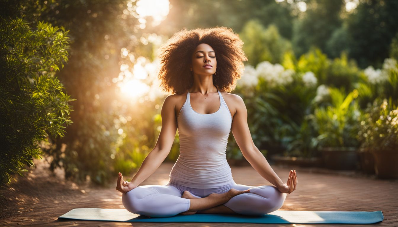 A Caucasian woman practices yoga in a sunlit garden, showcasing different faces, hair styles, and outfits.