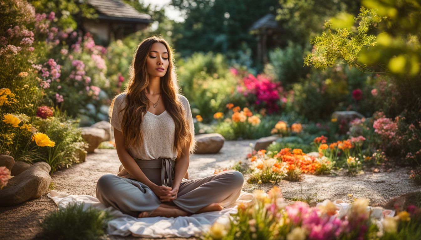 A woman meditates in a garden surrounded by flowers and citrine crystals, captured in a colorful and vibrant photograph.