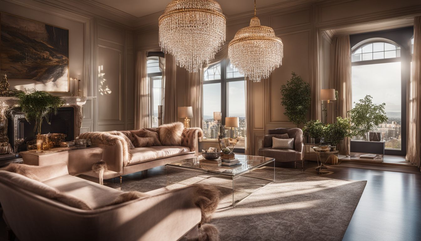 A sunlit living room with a beautifully designed crystal display and diverse individuals in various outfits.