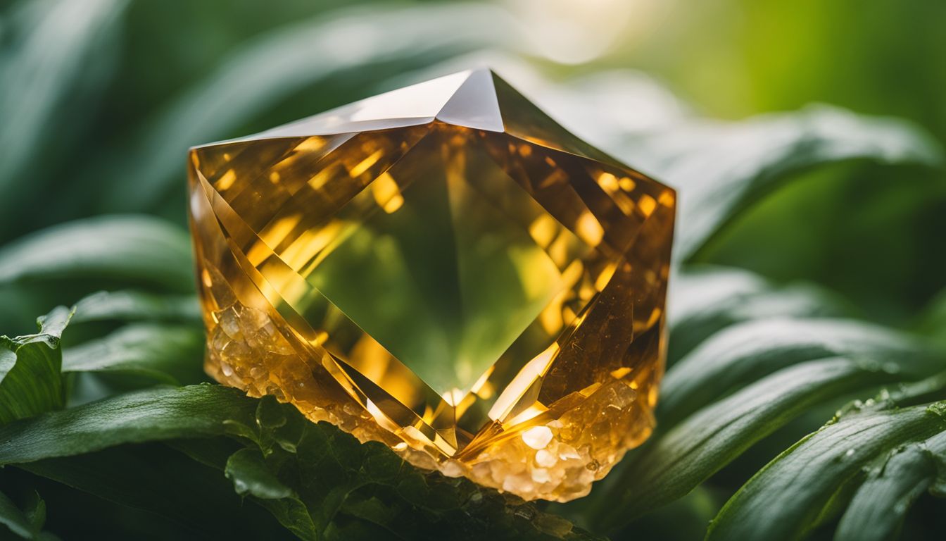 A vibrant citrine crystal surrounded by diverse people, nature, and bustling atmosphere, captured in high quality with professional equipment.