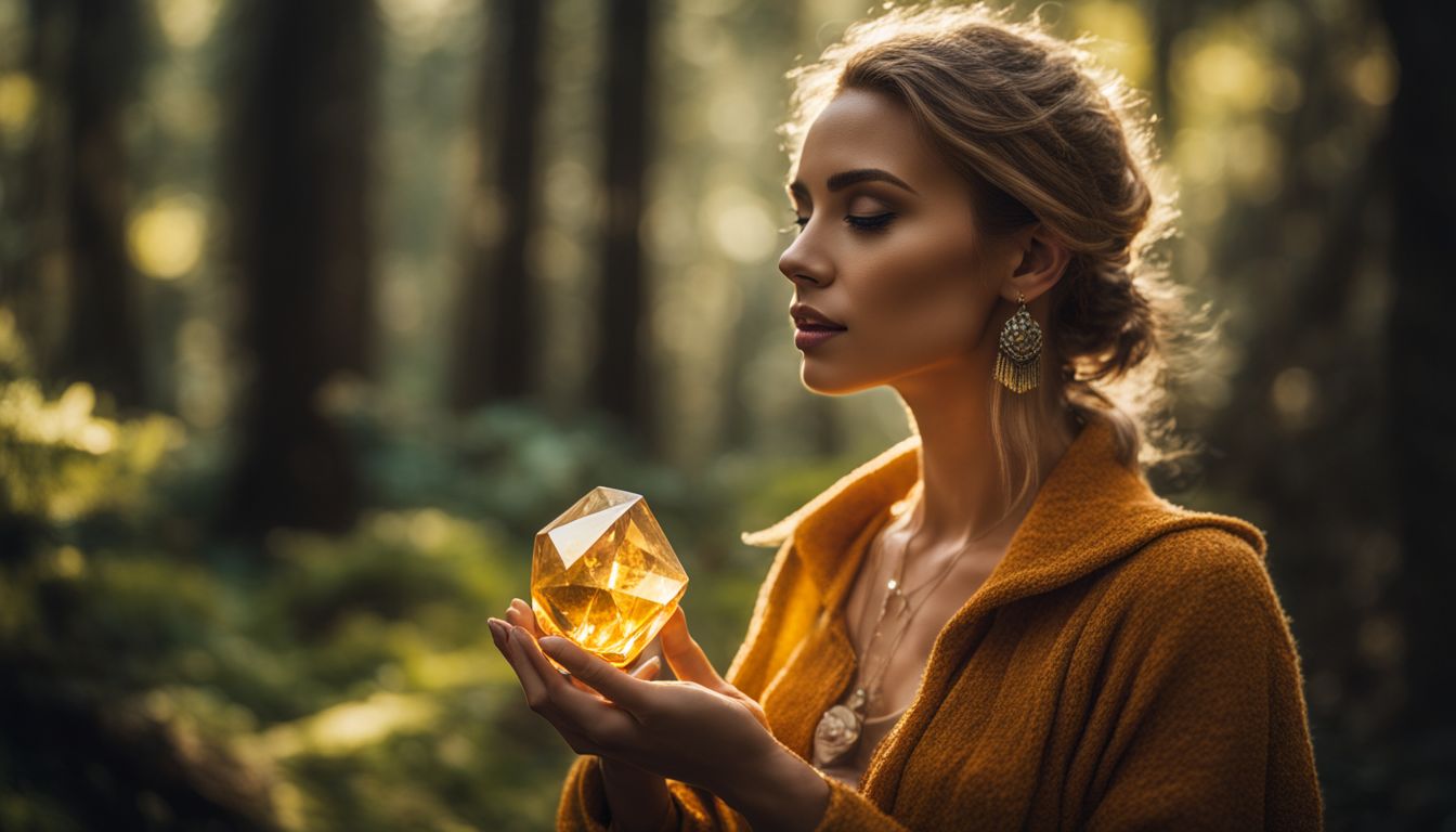 A woman holds a citrine crystal in a serene forest, surrounded by nature, showcasing different looks and styles.