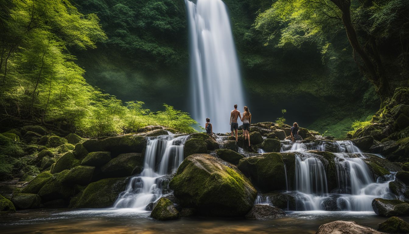 A beautiful waterfall surrounded by nature with diverse people and their unique styles and outfits.