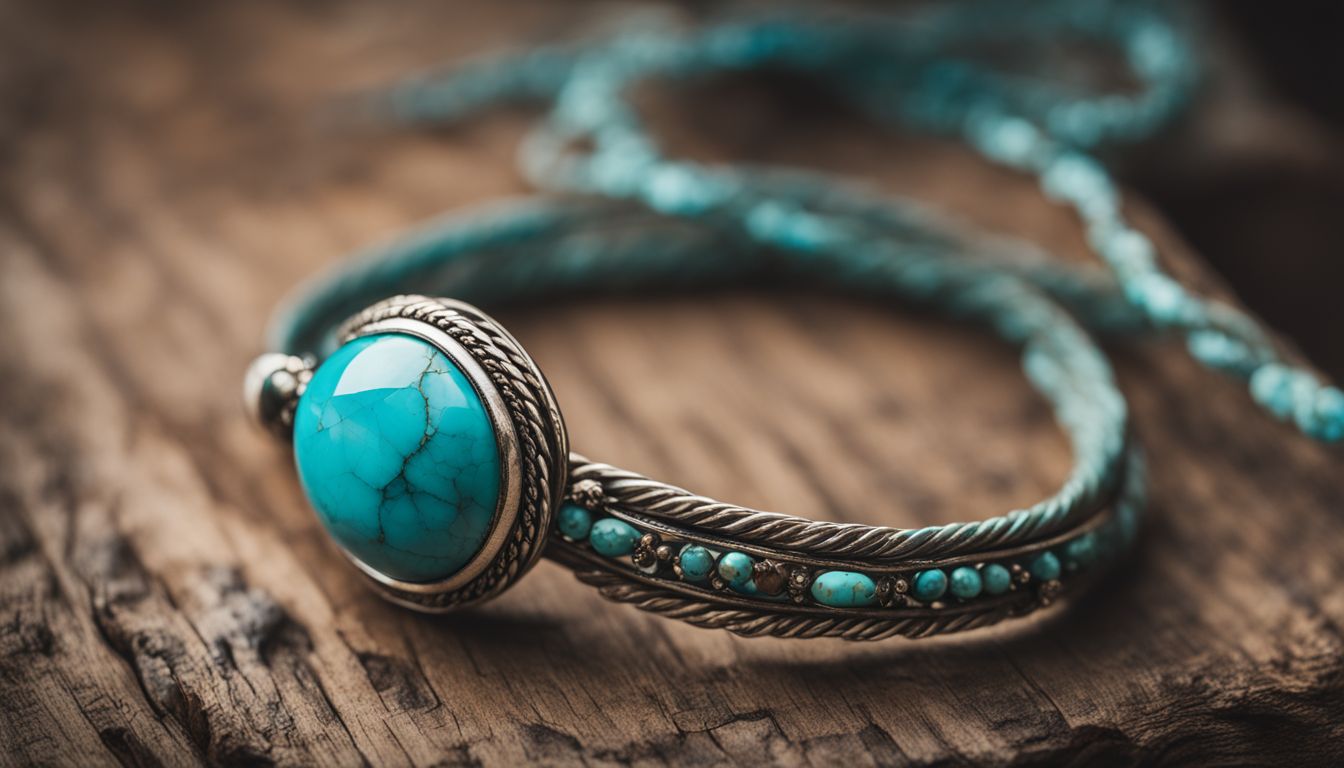 Close-up of a stunning turquoise gemstone on a wooden surface, surrounded by people of various ethnicities and styles.