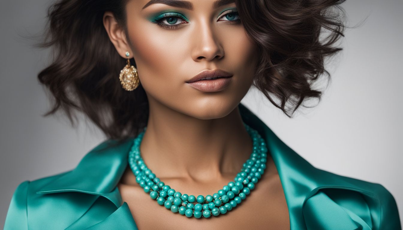 A photo of a woman wearing a turquoise necklace, showcasing its elegance and adding a pop of color to her outfit.