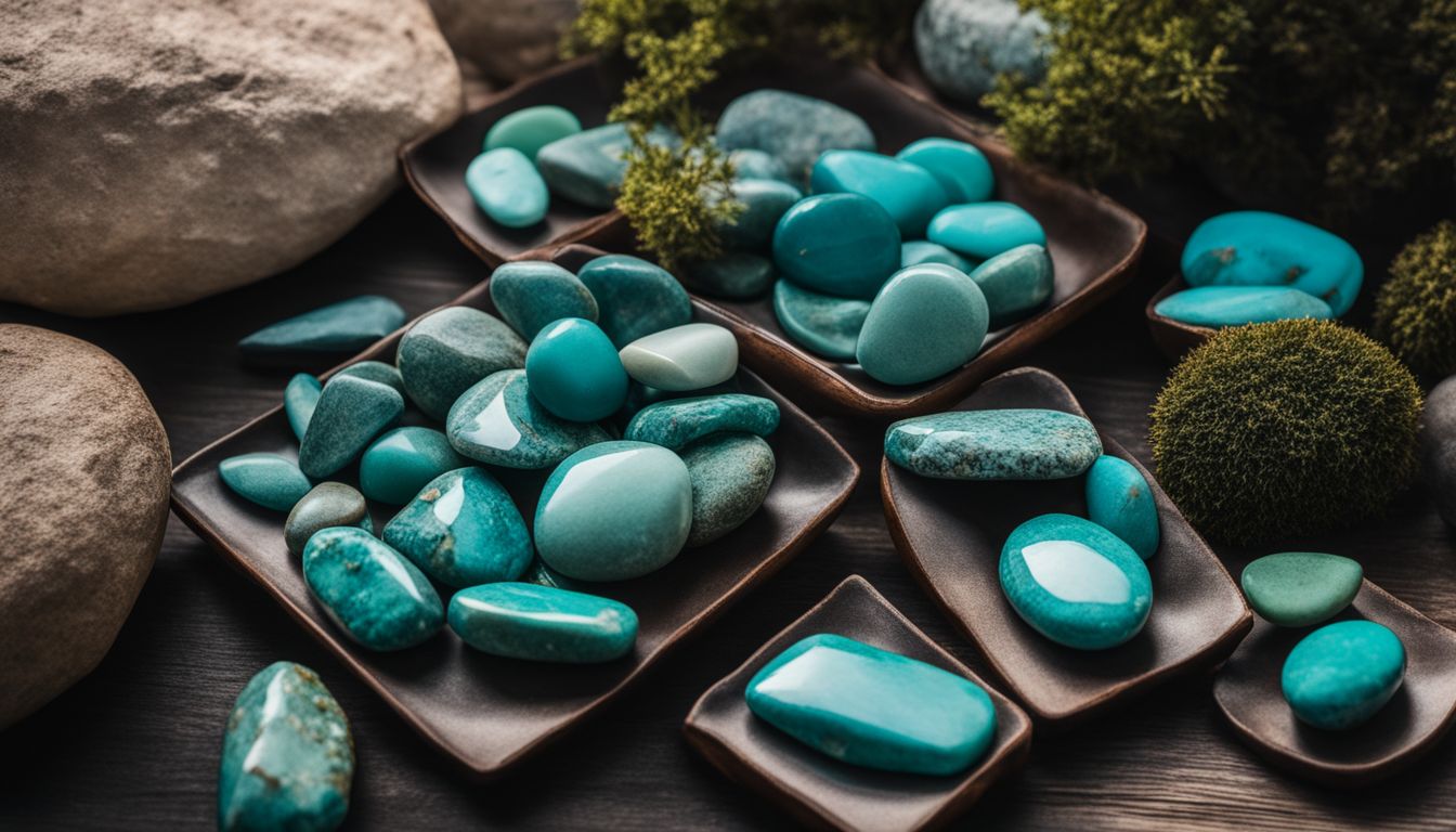 A photo of different people with varying appearances and styles in a vibrant garden with turquoise stones.