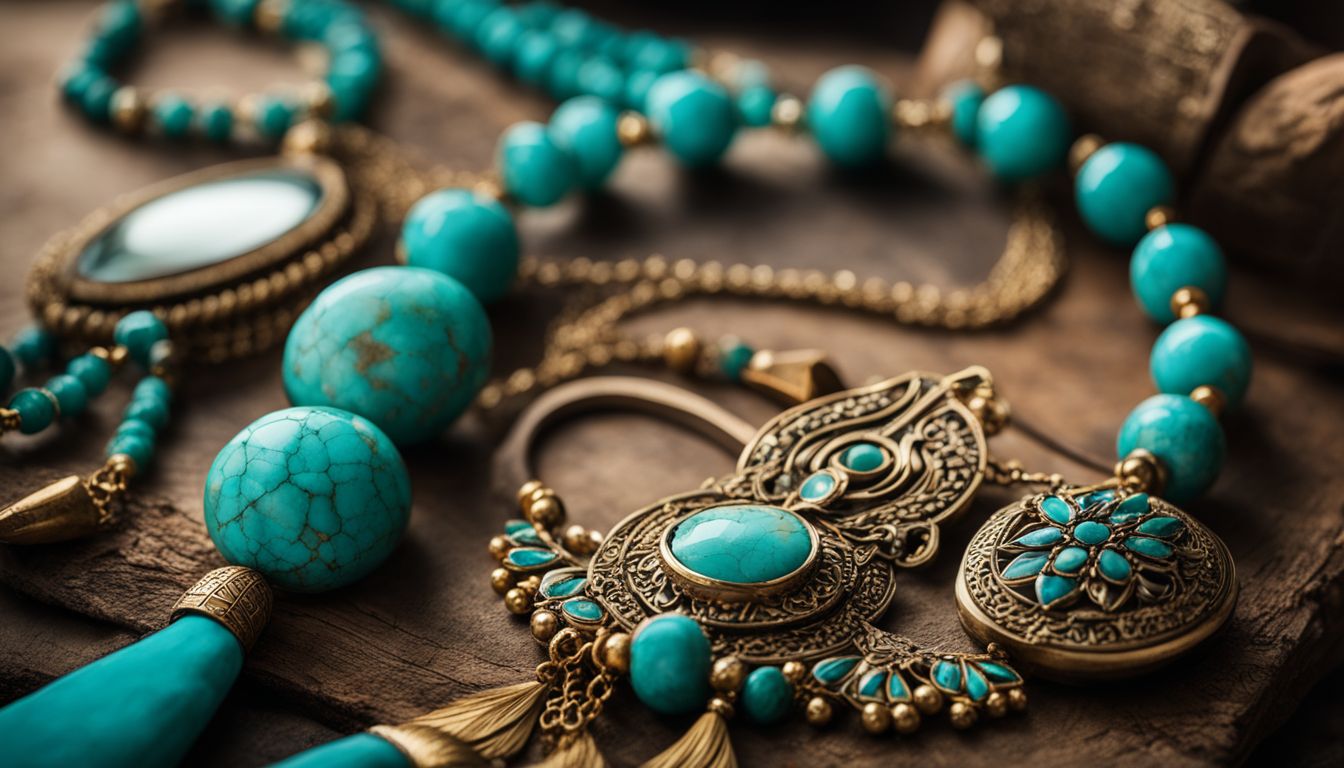 A close-up photo of a stunning turquoise necklace set against a backdrop of ancient Egyptian artifacts.