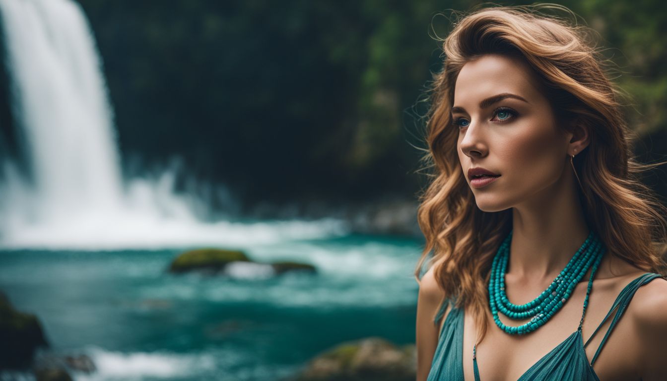 A Caucasian woman wearing a turquoise necklace stands by a waterfall in various outfits with different hairstyles.