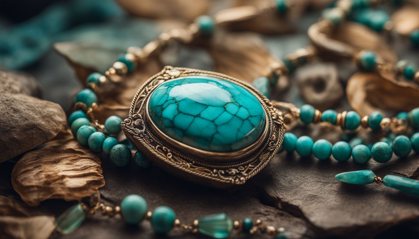 A close-up photo of unique turquoise jewelry with different faces, hair styles, and outfits in a bustling atmosphere.