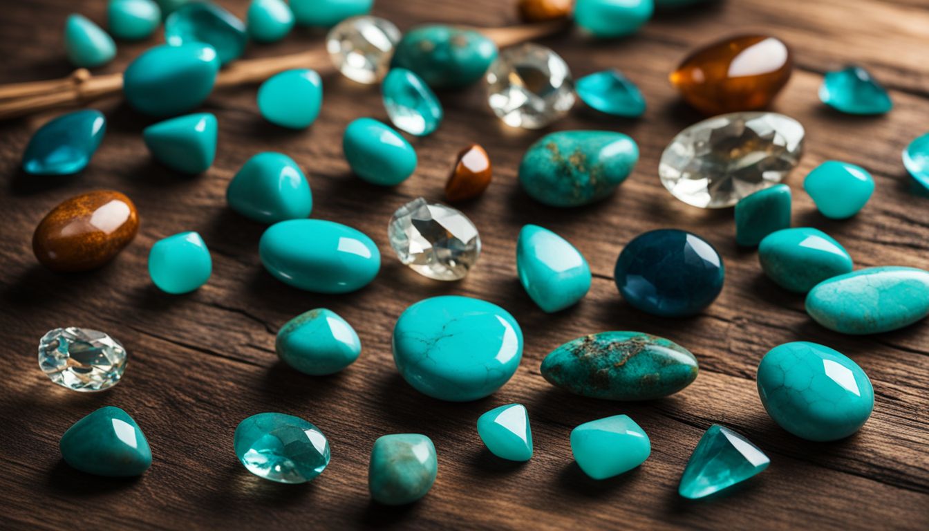 A collection of colorful turquoise gemstones displayed on a wooden surface, surrounded by various models with different styles and outfits.