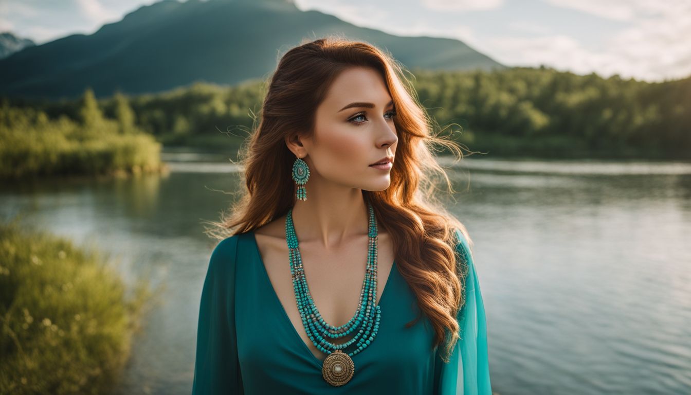 A woman with a turquoise necklace standing by a peaceful riverside, showcasing different styles and outfits in nature photography.