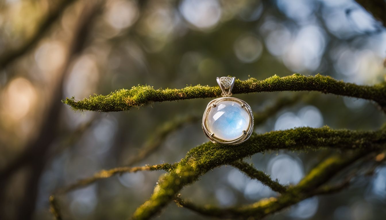 A photo of a moonstone pendant on a branch, showcasing diverse people with various hairstyles and outfits.