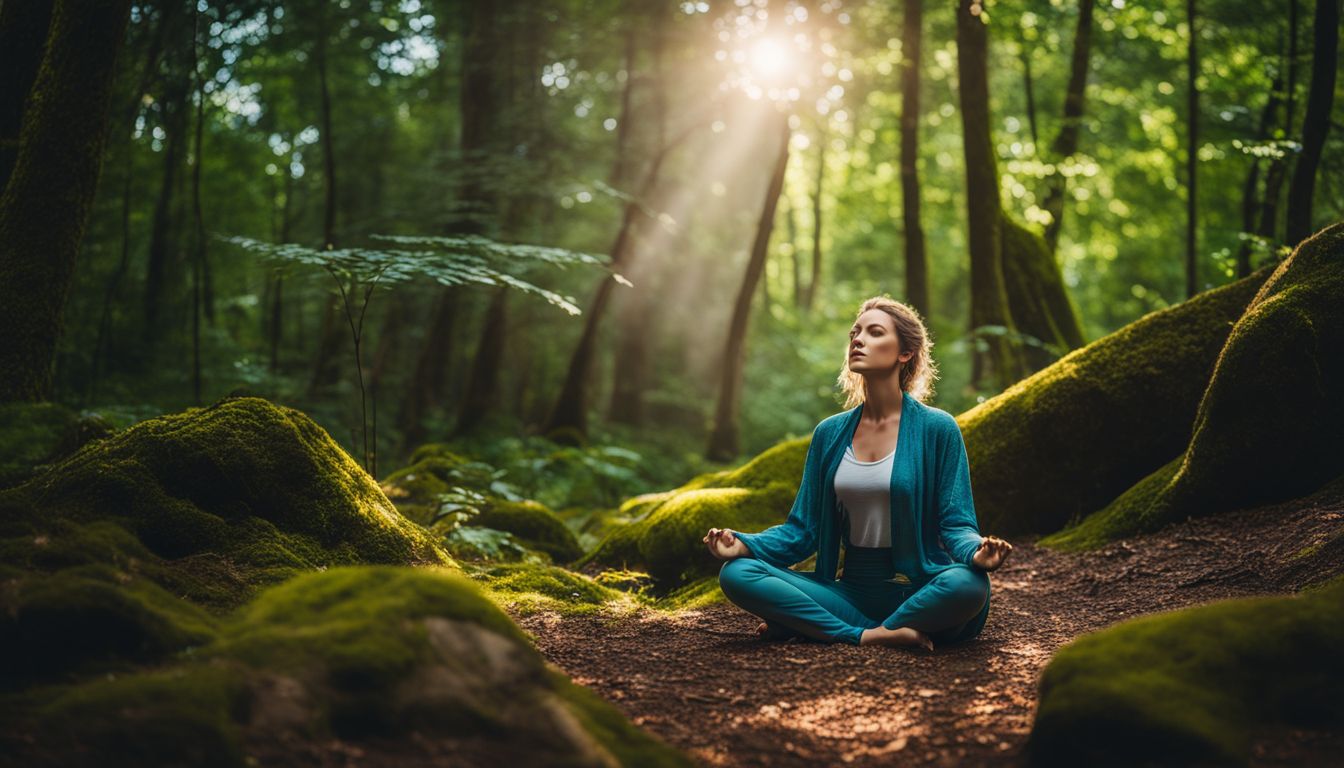 A woman peacefully meditating in a lush forest, surrounded by nature's calming energy. Different faces, hair styles, and outfits.