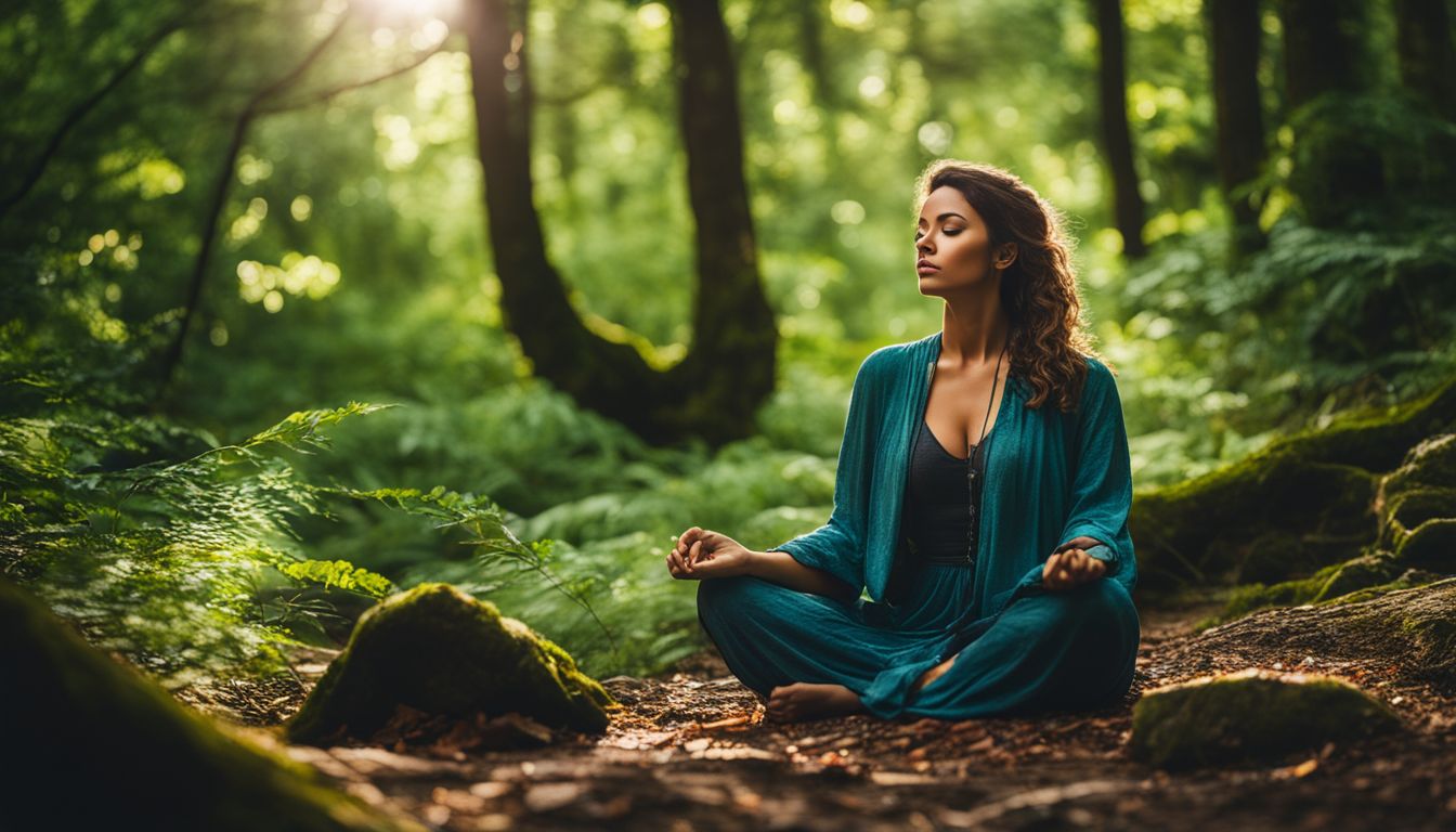 A woman meditates in a serene forest holding a moonstone, surrounded by vibrant green trees, showcasing different faces, hair styles, and outfits.