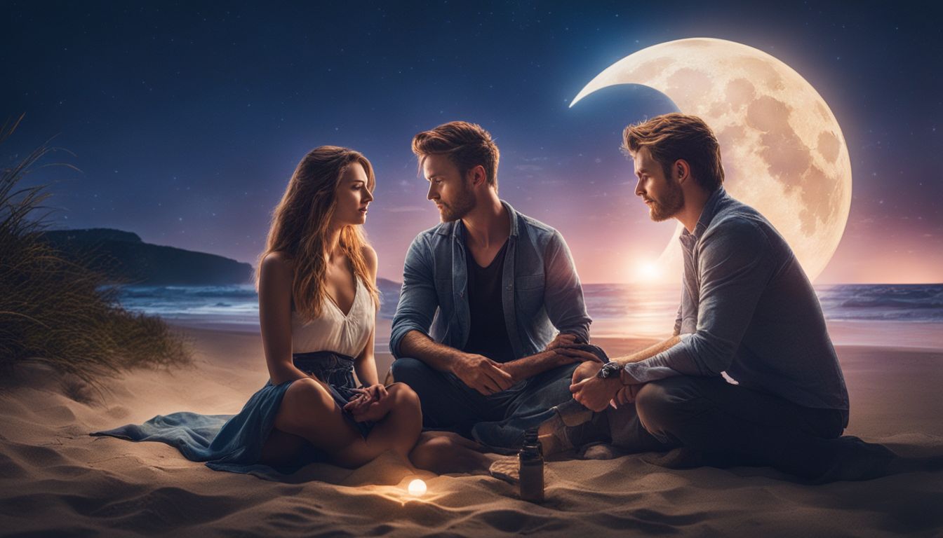 A photo of a couple holding a moonstone on a moonlit beach at night, surrounded by nature.