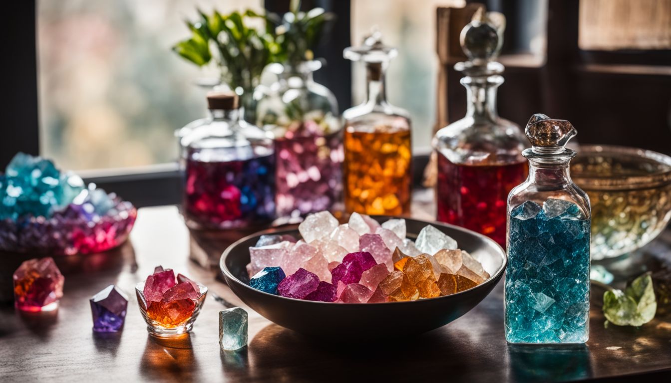 A vibrant collection of crystals showcased alongside a bowl of distilled water in a variety of stylish outfits.