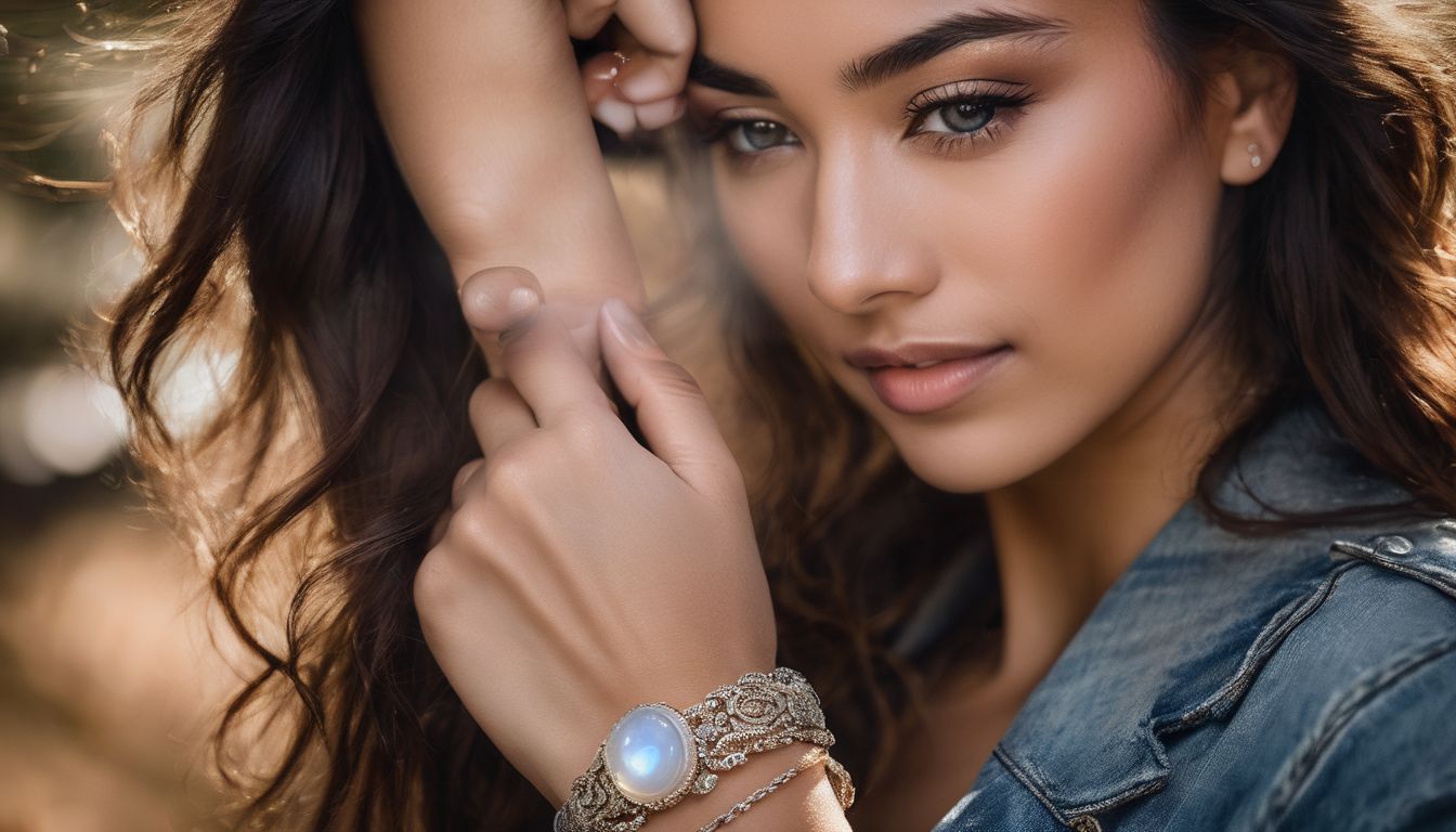 A detailed portrait of a woman wearing a Moonstone bracelet, showcasing different faces, hair styles, and outfits.