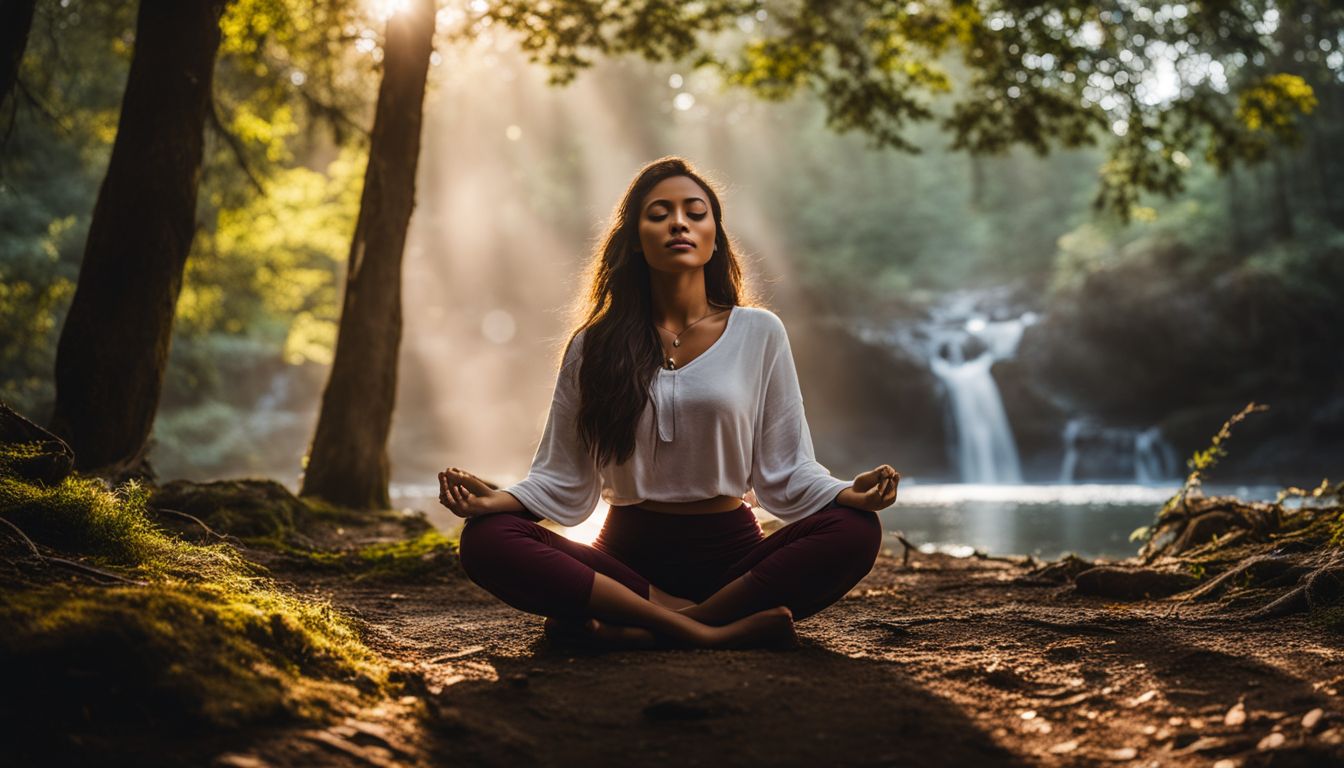 A woman meditating in a peaceful forest surrounded by moonstone, with different people and natural surroundings captured in high-quality photography.
