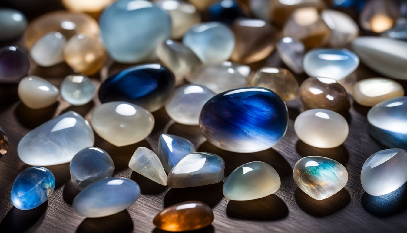 A collection of moonstone gemstones with various people and outfits, photographed for a cinematic and natural look.