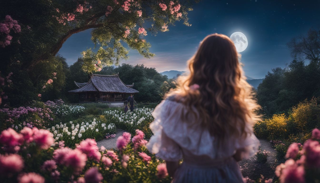 A stunning moonlit garden with diverse people, vibrant flowers, and a clear night sky.