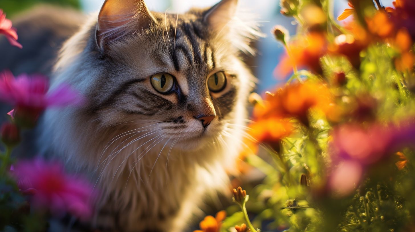 A cat exploring a colorful garden captured with a macro lens.